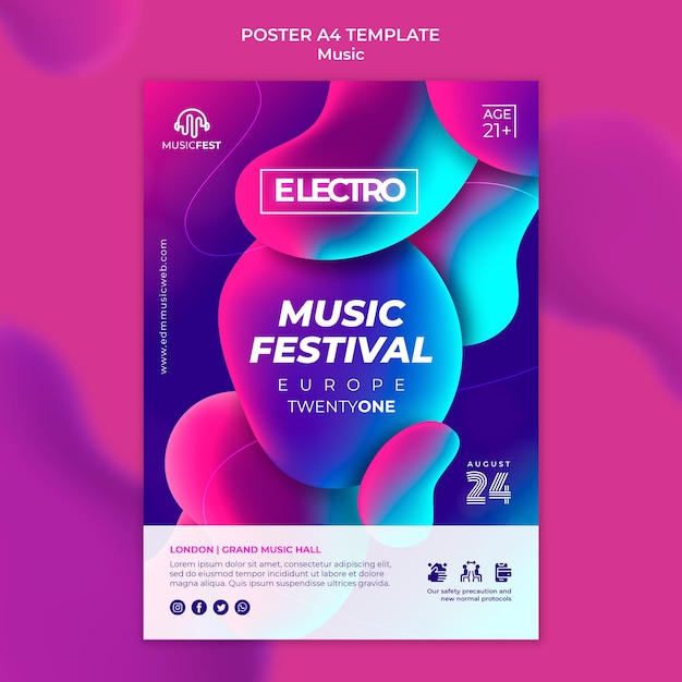 PSD gratuito plantilla de póster para festival de música electro con formas de efecto líquido neón