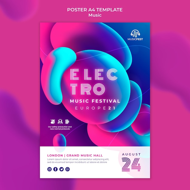 PSD gratuito plantilla de póster para festival de música electro con formas de efecto líquido neón