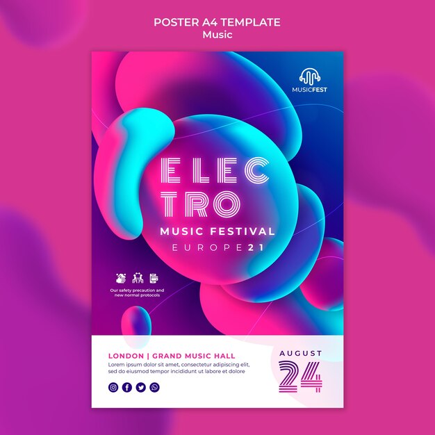 Plantilla de póster para festival de música electro con formas de efecto líquido neón