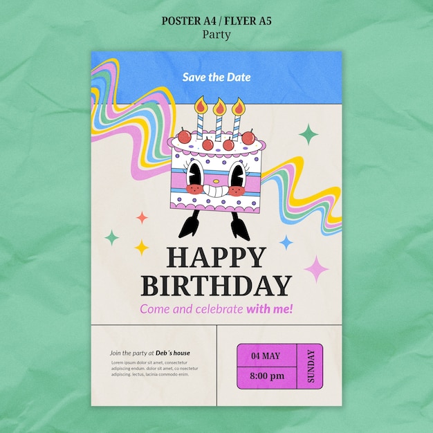 Plantilla de póster de fiesta de cumpleaños dibujada a mano