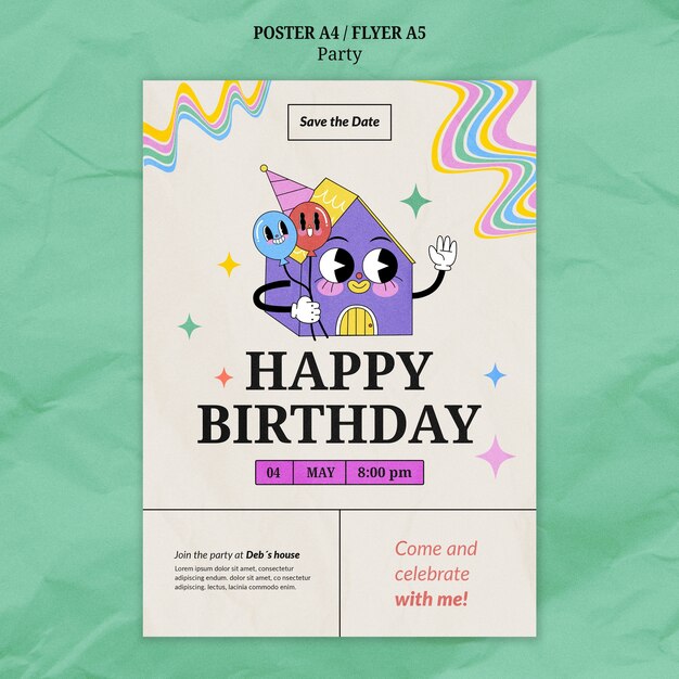 Plantilla de póster de fiesta de cumpleaños dibujada a mano