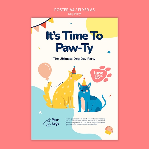 Plantilla de póster de fiesta de perros de diseño plano