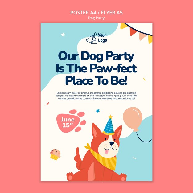 Plantilla de póster de fiesta de perros de diseño plano
