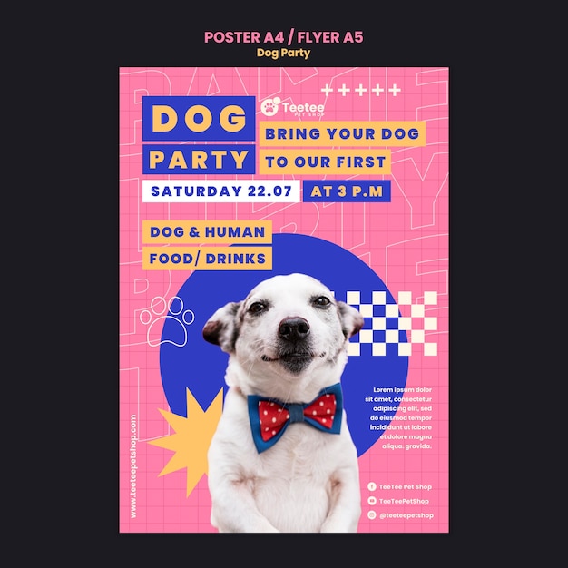 PSD gratuito plantilla de póster de fiesta de perros de diseño plano