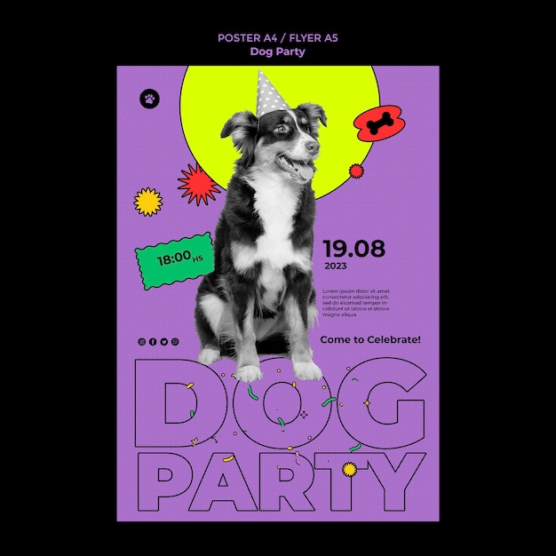 PSD gratuito plantilla de póster de fiesta de perros de diseño plano