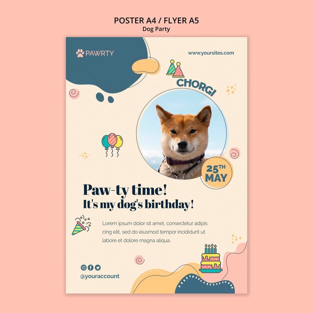 Plantilla de póster de fiesta de perros de diseño plano