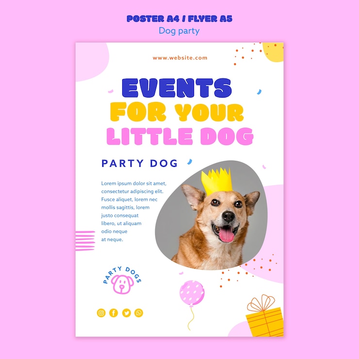 PSD gratuito plantilla de póster de fiesta de perros de diseño plano
