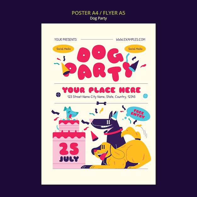 PSD gratuito plantilla de póster de fiesta de perros de diseño plano