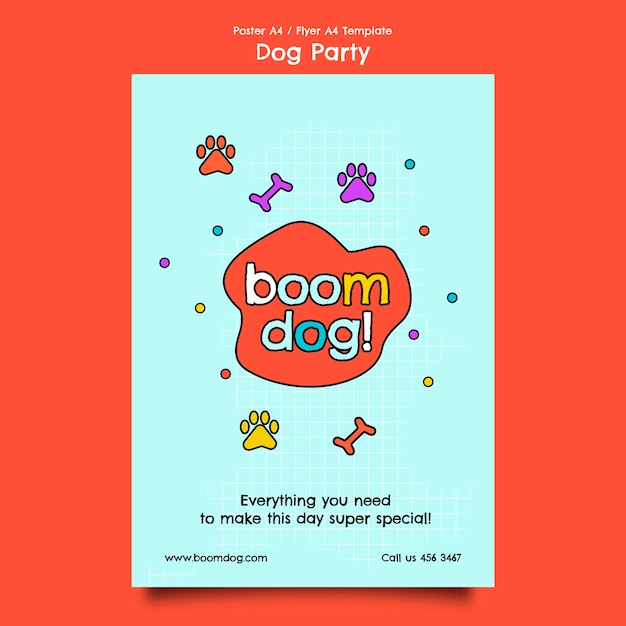 PSD gratuito plantilla de póster de fiesta de perros de diseño plano