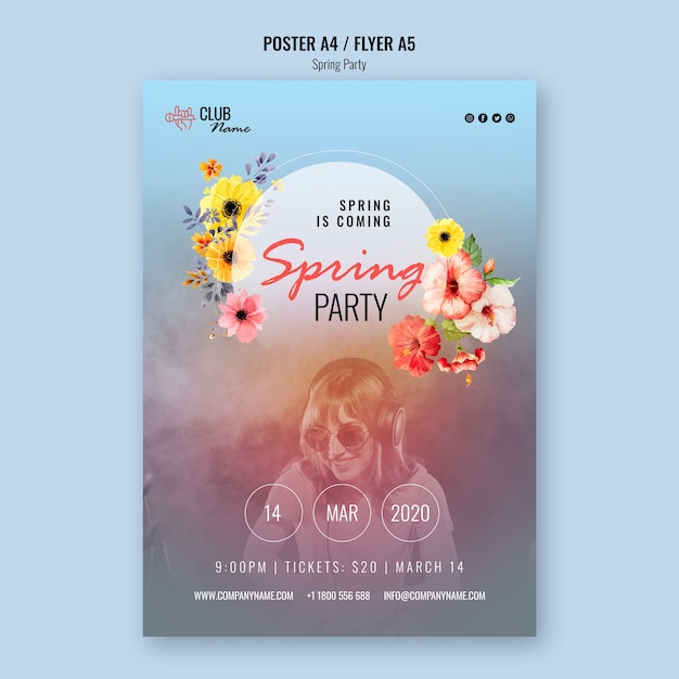 PSD gratuito plantilla de póster de fiesta de primavera con foto