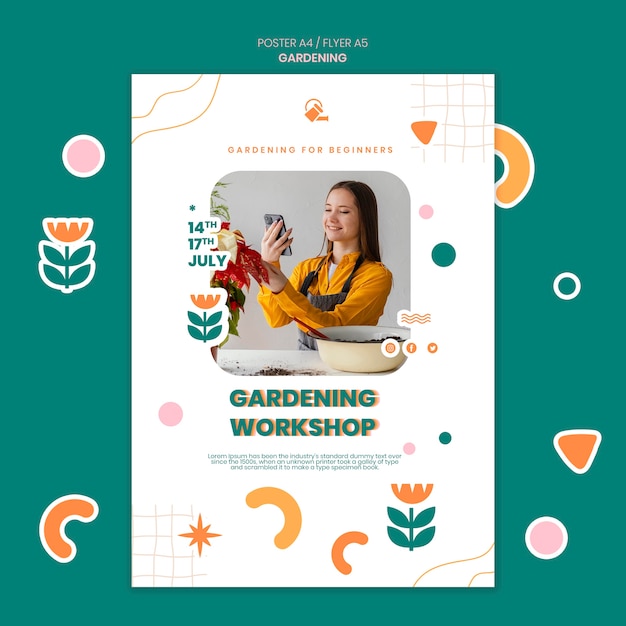 Plantilla de póster floral de jardinería de diseño plano