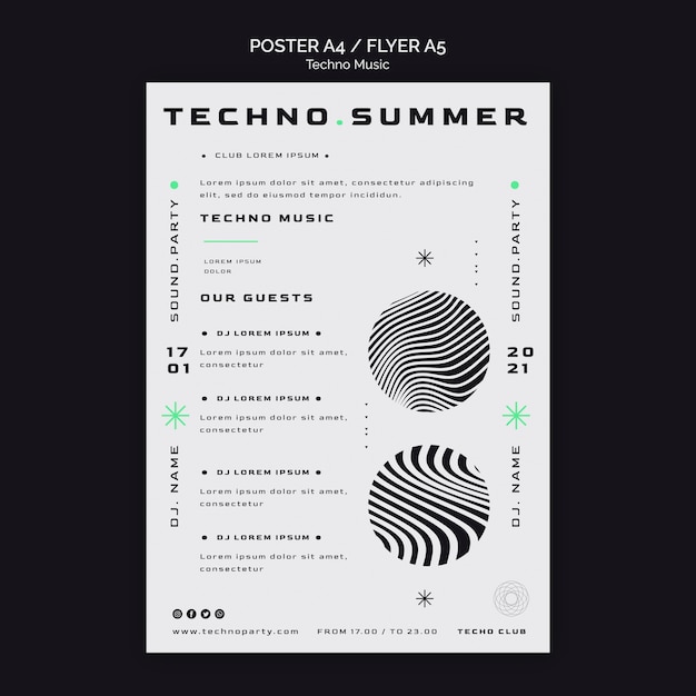 Plantilla de póster de fondo blanco de música techno