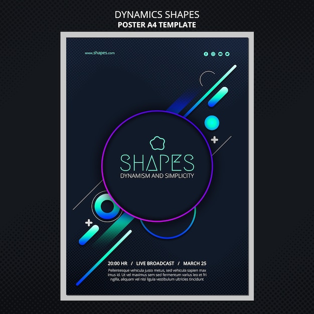 Plantilla de póster con formas geométricas dinámicas de neón.