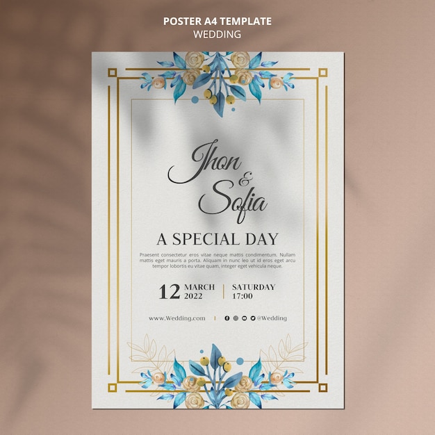 Plantilla de póster de invitación de boda floral dorada