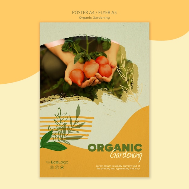 Plantilla de póster de jardinería orgánica con foto