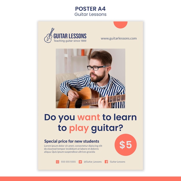 PSD gratuito plantilla de póster para lecciones de guitarra