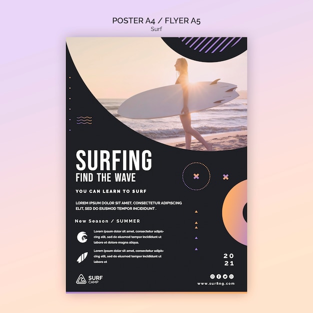 PSD gratuito plantilla de póster de lecciones de surf con foto