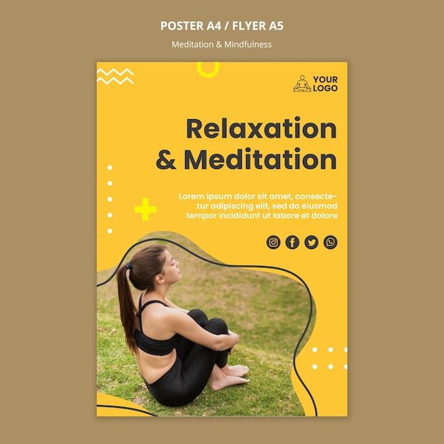 PSD gratuito plantilla de póster de meditación y atención plena