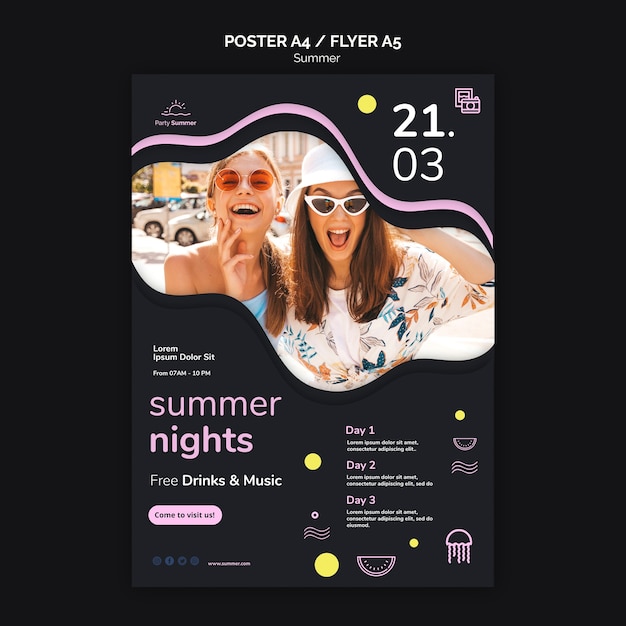 PSD gratuito plantilla de póster de noches de verano y chicas