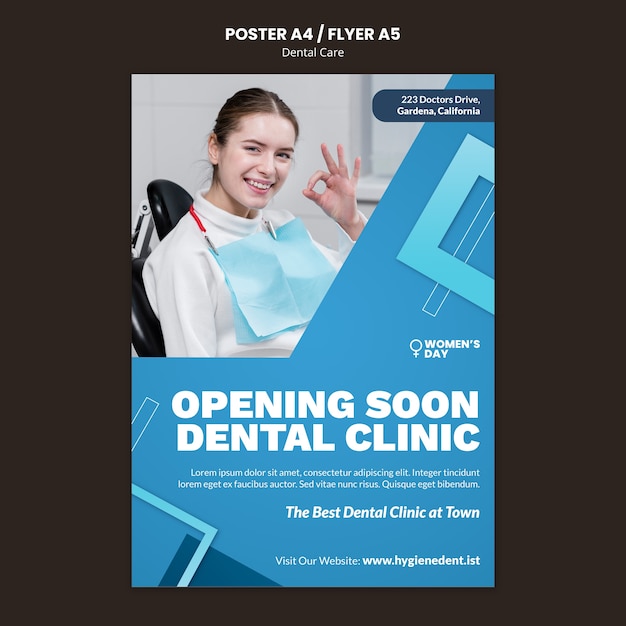 Plantilla de póster o volante de cuidado dental de diseño plano