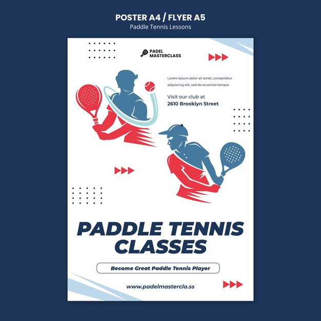 Plantilla de póster o volante de lecciones de pádel de diseño plano