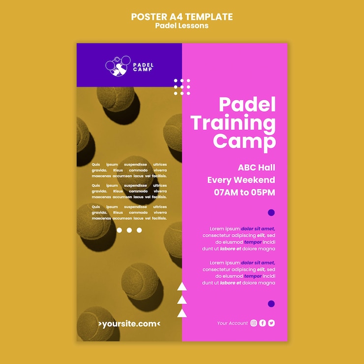 PSD gratuito plantilla de póster o volante de lecciones de pádel de diseño plano