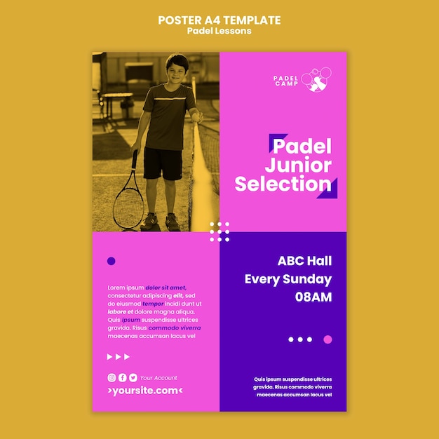 PSD gratuito plantilla de póster o volante de lecciones de pádel de diseño plano