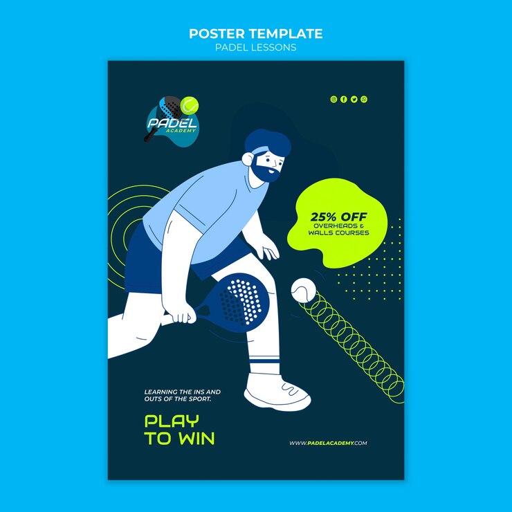 PSD gratuito plantilla de póster o volante de lecciones de pádel de diseño plano
