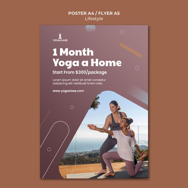Plantilla de póster para práctica y ejercicio de yoga.
