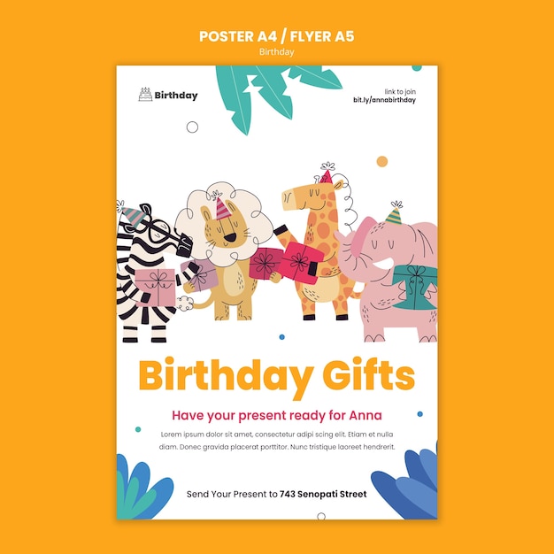 Plantilla de póster de regalos de cumpleaños