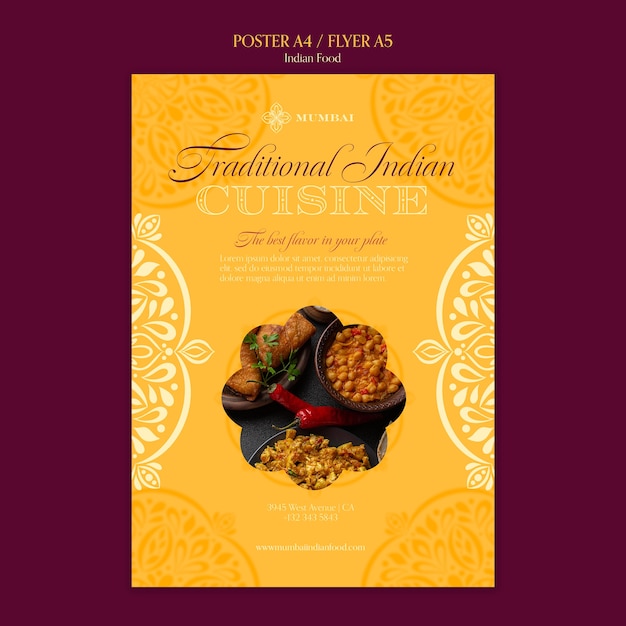 Plantilla de póster de restaurante de comida india con diseño de mandala