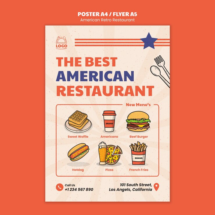 PSD gratuito plantilla de póster de restaurante retro americano
