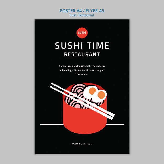 Plantilla de póster de restaurante de sushi de diseño plano