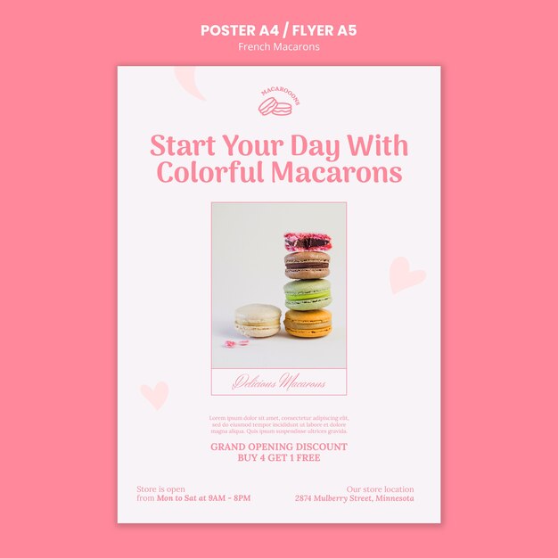 Plantilla de póster de sabrosos macarons franceses