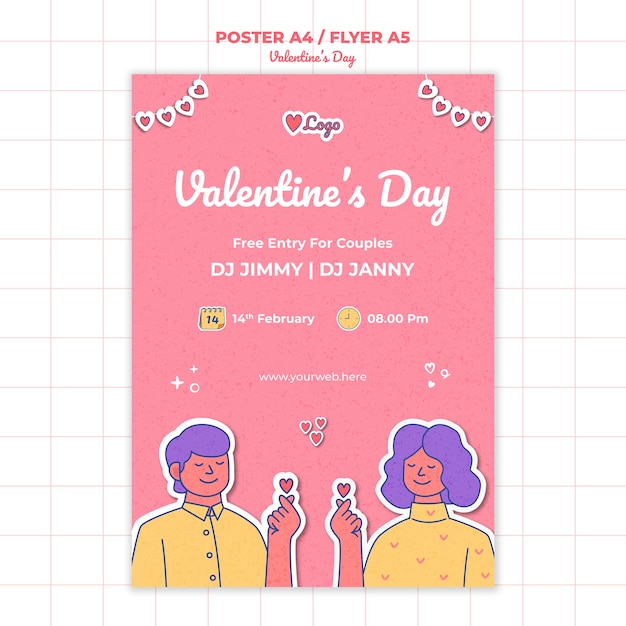 PSD gratuito plantilla de póster de san valentín de diseño plano