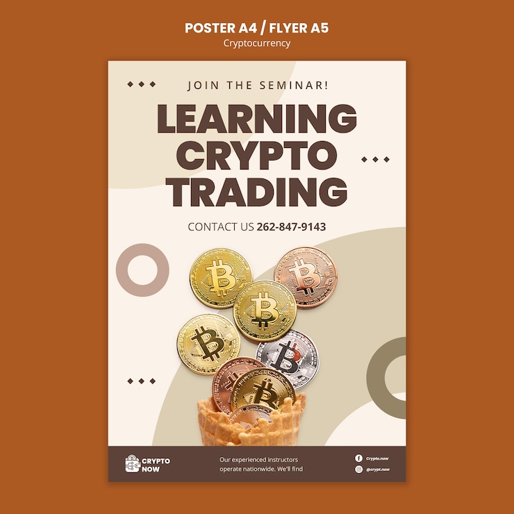 PSD gratuito plantilla de póster sobre comercio de criptomonedas de aprendizaje