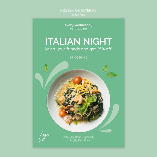 PSD gratuito plantilla de póster con tema de comida italiana