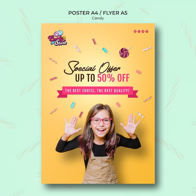 PSD gratuito plantilla de póster de tienda de dulces de oferta especial