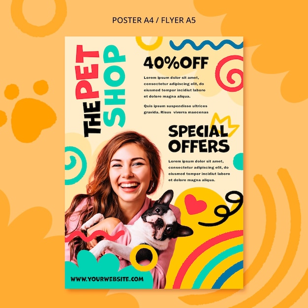 PSD gratuito plantilla de póster de tienda de mascotas de diseño plano