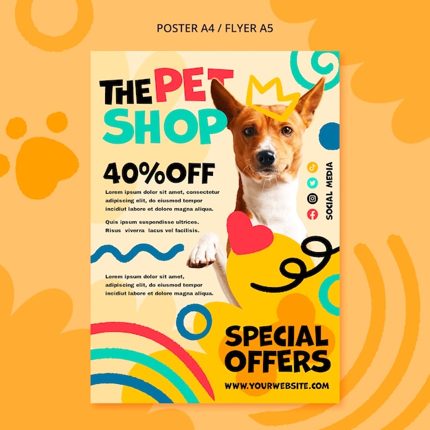 PSD gratuito plantilla de póster de tienda de mascotas de diseño plano