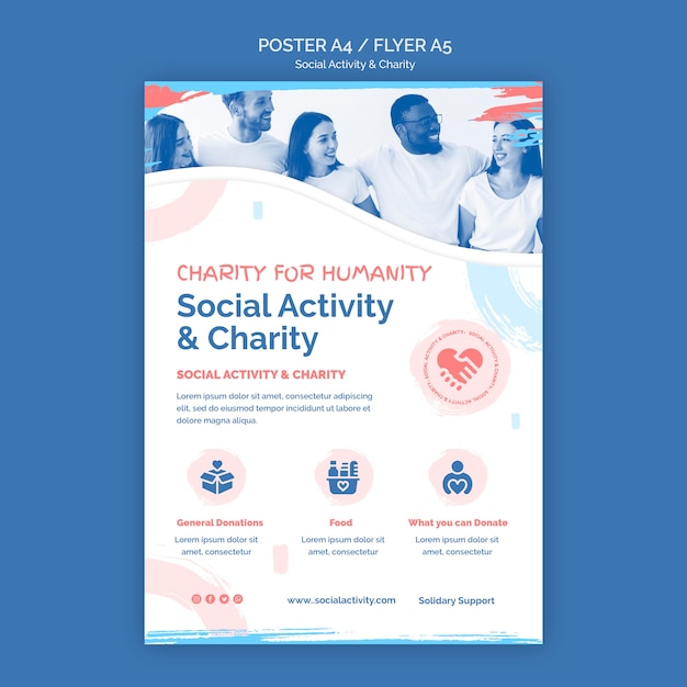 PSD gratuito plantilla de póster vertical para actividad social y caridad.