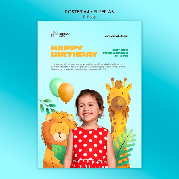 PSD gratuito plantilla de póster vertical de acuarela para fiesta de cumpleaños de niños con animales