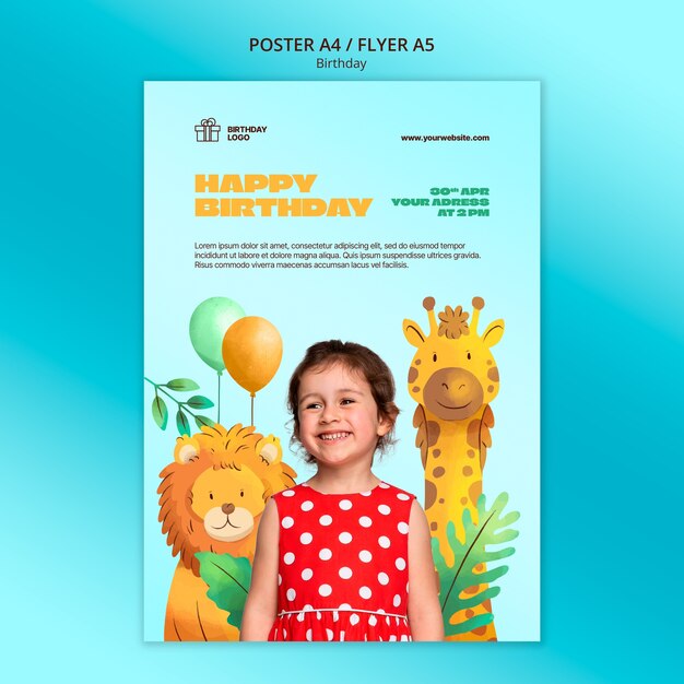 Plantilla de póster vertical de acuarela para fiesta de cumpleaños de niños con animales
