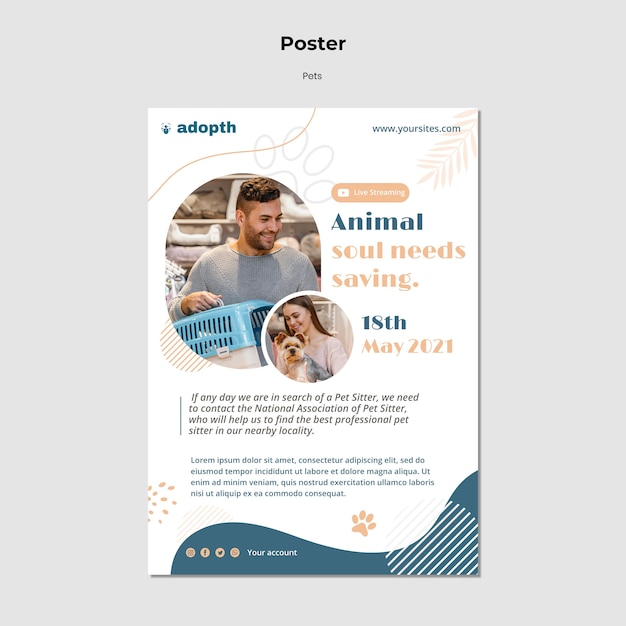 Plantilla de póster vertical para adopción de mascotas.