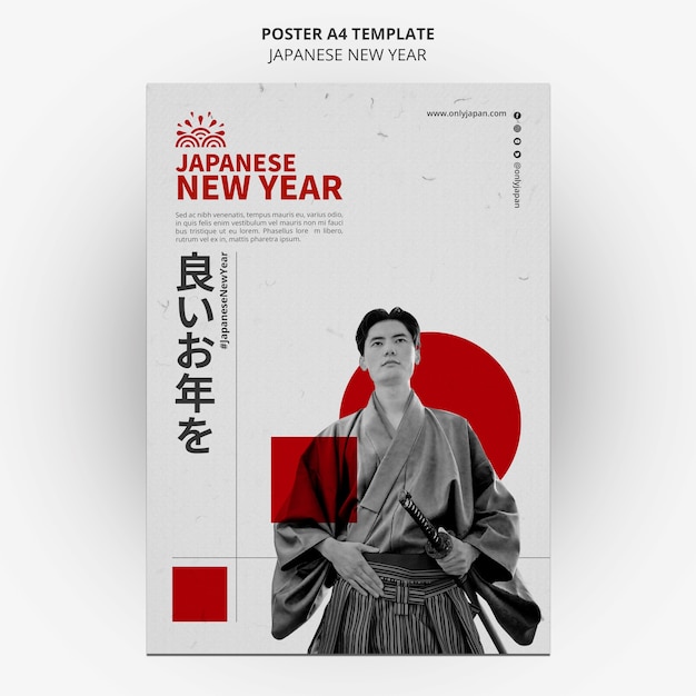 Plantilla de póster vertical de año nuevo japonés con persona vestida con ropa tradicional