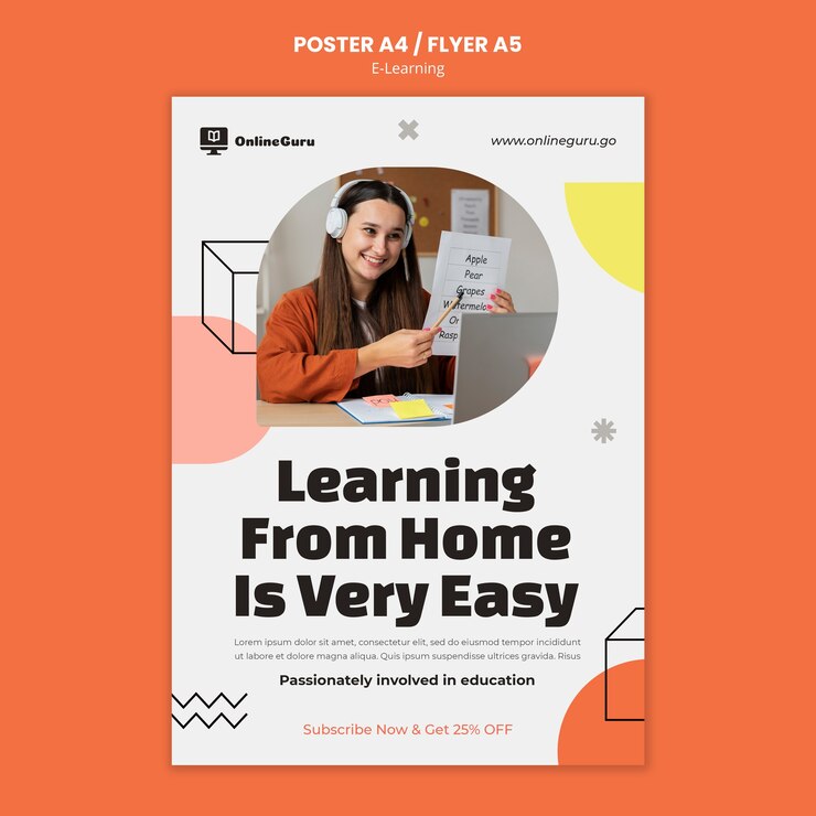 PSD gratuito plantilla de póster vertical de aprendizaje electrónico con formas geométricas