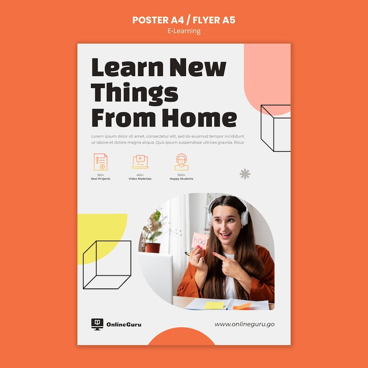 PSD gratuito plantilla de póster vertical de aprendizaje electrónico con formas geométricas