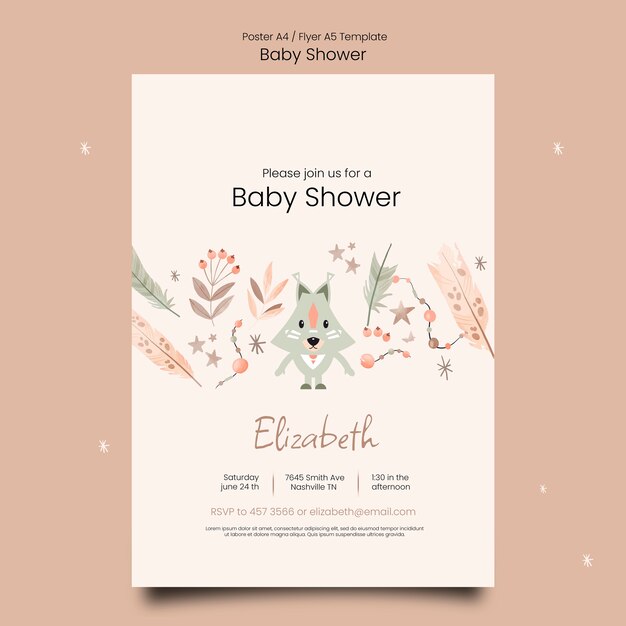 Plantilla de póster vertical de baby shower con vegetación y zorro