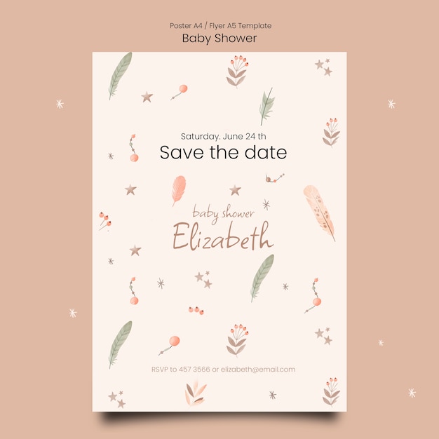 Plantilla de póster vertical de baby shower con vegetación