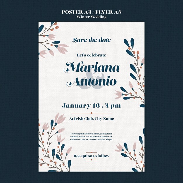 Plantilla de póster vertical de boda de invierno floral